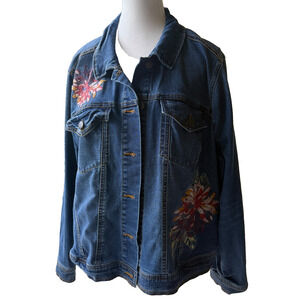 Max Jeans Embroidered Denim Jacket Women’s 1X Stretch Floral Blue Jean Jacket